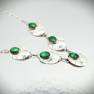 VINTAGE Etched Sterling Silver & Genuine Malachite Necklace & Earrings Set